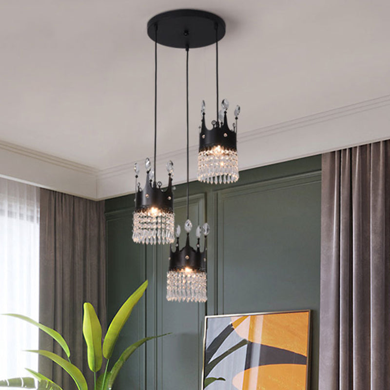 Black Lineal/Round Canopy Crown Light Metal contemporáneo 3 cabezas Comedor Multi colgante con drapeado de cristal