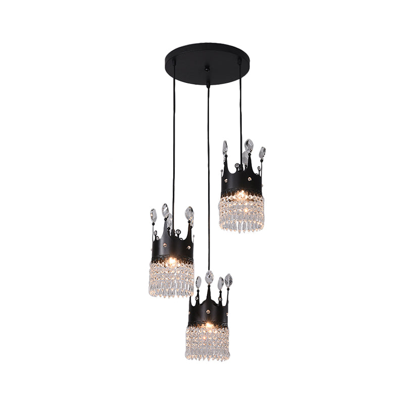 Black Lineal/Round Canopy Crown Light Metal contemporáneo 3 cabezas Comedor Multi colgante con drapeado de cristal