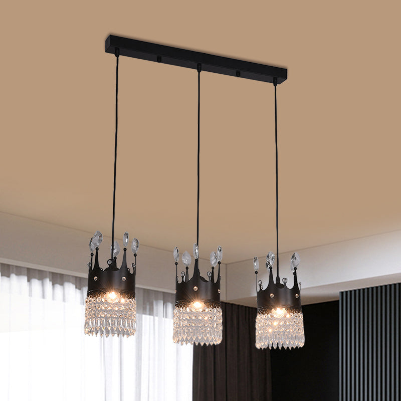 Black Lineal/Round Canopy Crown Light Metal contemporáneo 3 cabezas Comedor Multi colgante con drapeado de cristal