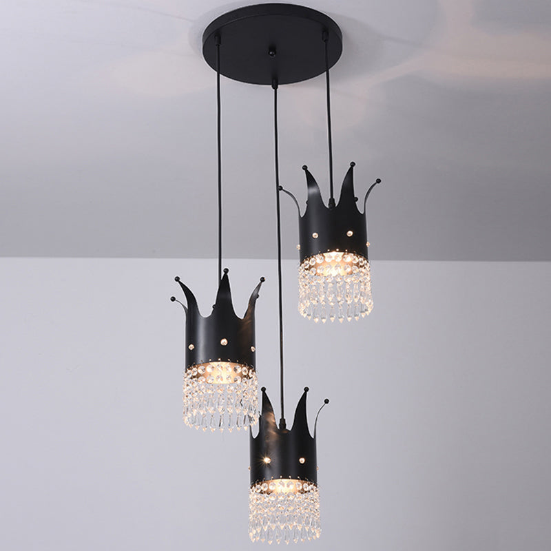 3 Bulbs Crown Island Lighting Modern Black Linear/Round Canopy Metal Multi Hanging Lamp Kit with Crystal Droplets