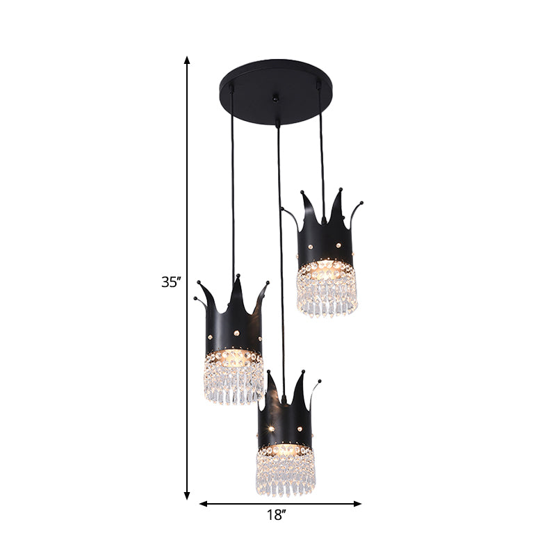 3 Bulbs Crown Island Lighting Modern Black Linear/Round Canopy Metal Multi Hanging Lamp Kit with Crystal Droplets