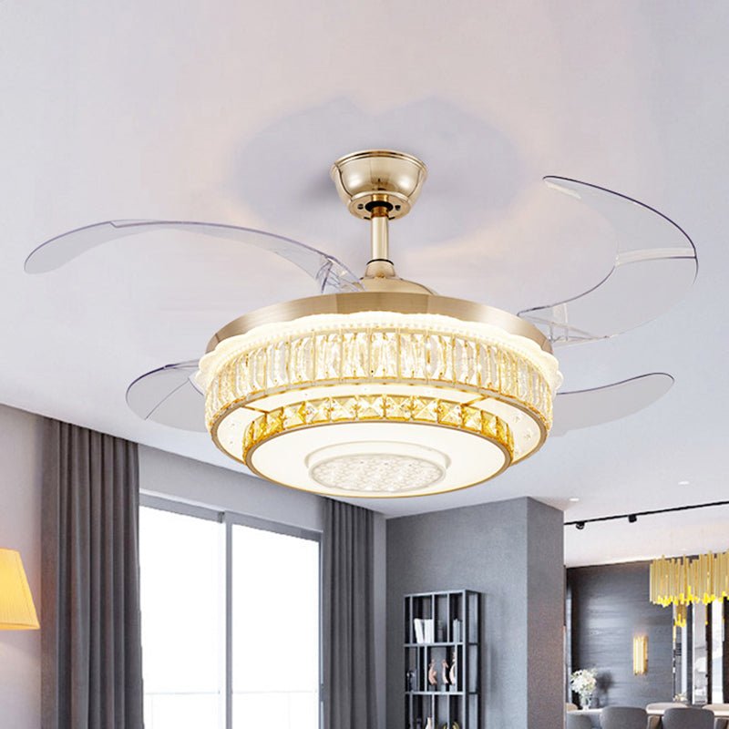 4 Klingen LED Deckenlüfter Lampe zeitgenössische kreisförmige Kristallblöcke Halbblöde Licht in Gold, 42 "Breite
