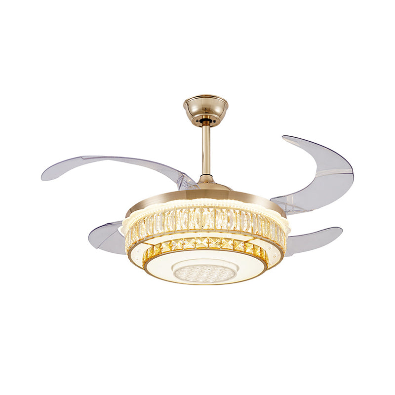 4 Klingen LED Deckenlüfter Lampe zeitgenössische kreisförmige Kristallblöcke Halbblöde Licht in Gold, 42 "Breite