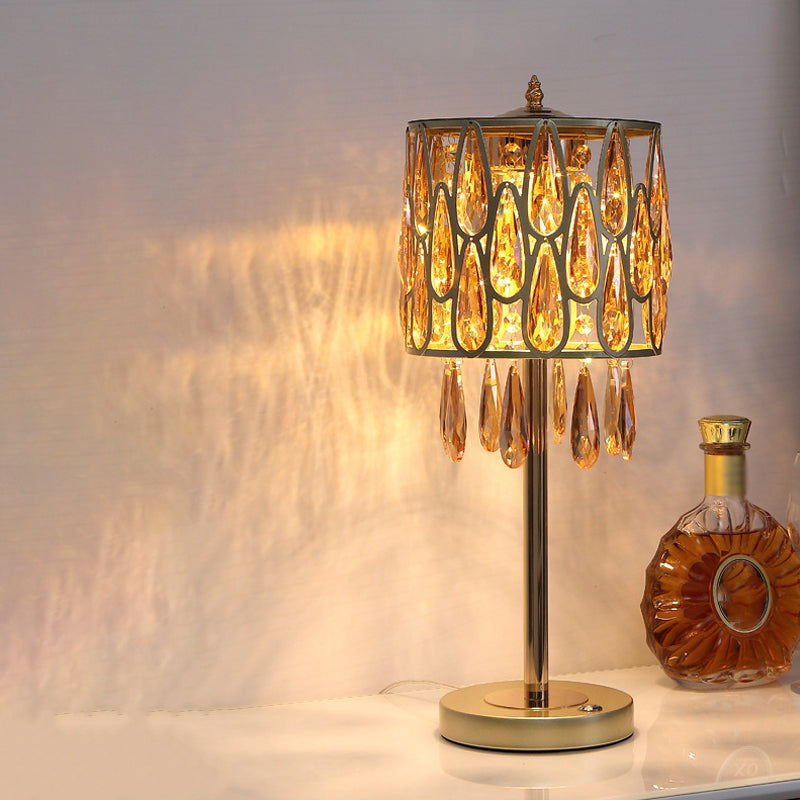 Metal Black/Gold/Champagne Night -Stand Drum Sombra 1 cabezal de mesa contemporánea con gotas de lluvia de cristal incrustado