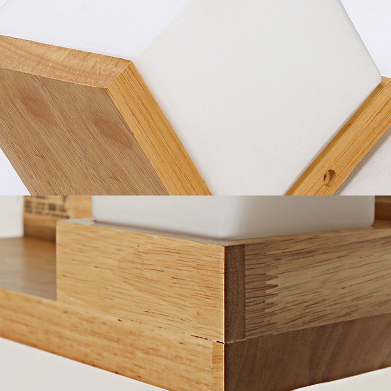 Hotel Restaurant Cube Wall Lamp Opal Glass Wood 1 Light Japanese Style White Wall Lamp
