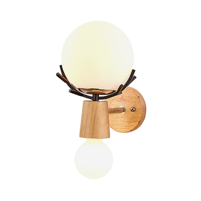 Luce di applique in globo bianco con corna lampada da parete in vetro in legno rustico con base beige per scale