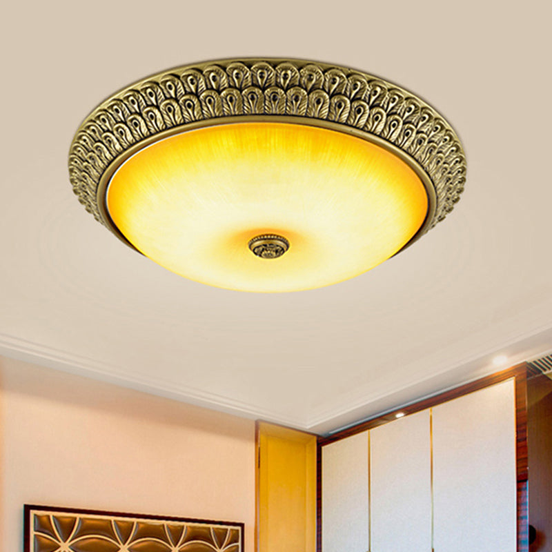 Rustic Circular Flush Light Amber Glass LED Ceiling Mounted Fixture in Gold, 12"/16"/19.5" Wide