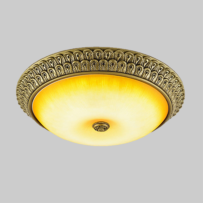 Rustic Circular Flush Light Amber Glass LED Ceiling Mounted Fixture in Gold, 12"/16"/19.5" Wide