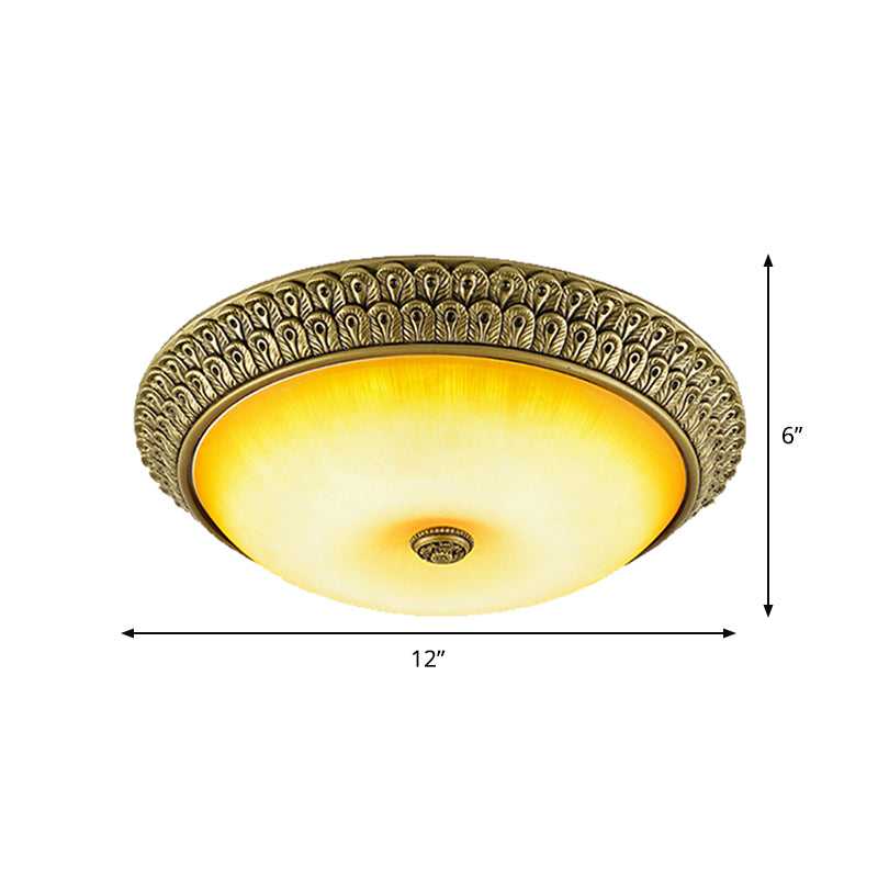 Rustic Circular Flush Light Amber Glass LED Ceiling Mounted Fixture in Gold, 12"/16"/19.5" Wide