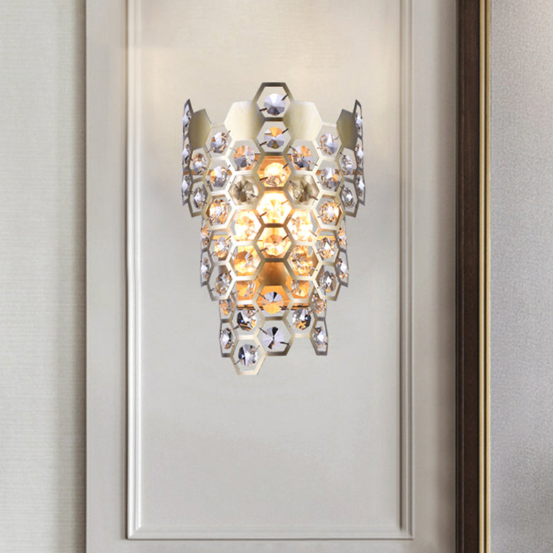 Contemporary Tapered Flush Wall Sconce 3 Bulbs Hexagon-Crystal Embedded Wall Mounted Light in Champagne