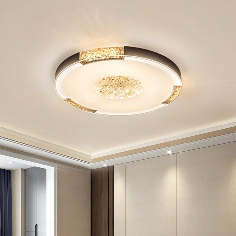 Black / Gold Finish LED Flush Light Fixture Contemporary Bevel Cut Crystals Round Ceiling Mount in White / Warm Light