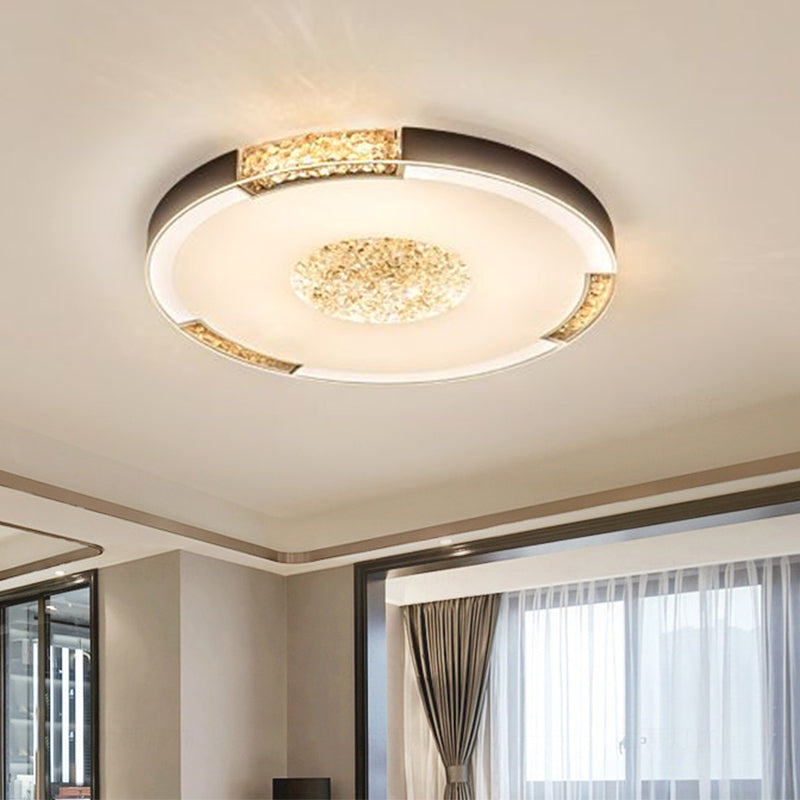 Black / Gold Finish LED Flush Light Fixture Contemporary Bevel Cut Crystals Round Ceiling Mount in White / Warm Light