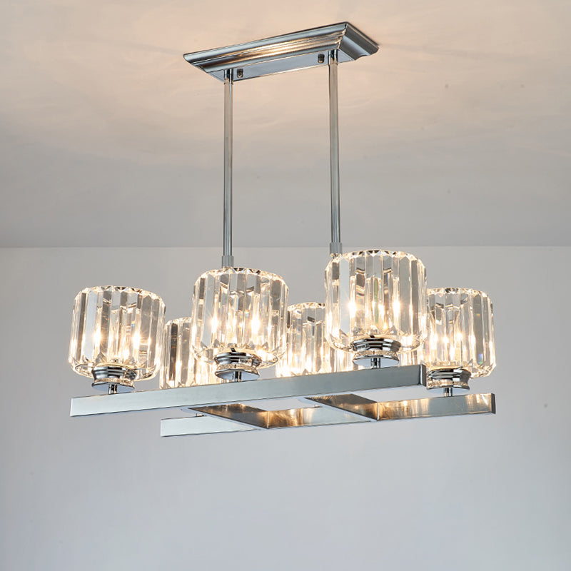 Chrome Parallel Island Light Fixture Modern Crystal Cylinder 6 Heads Dining Table Suspension Lamp