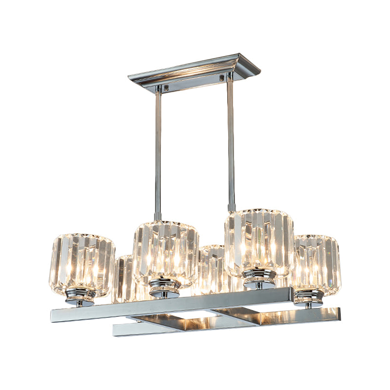 Chrome Parallel Island Light Fixture Modern Crystal Cylinder 6 Heads Dining Table Suspension Lamp