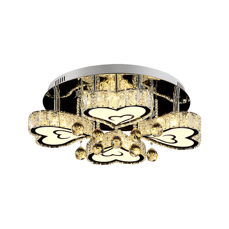 Loving Heart Bedroom Ceiling Fixture Faceted Crystal LED Contemporary Flush Mount Lamp in Chrome