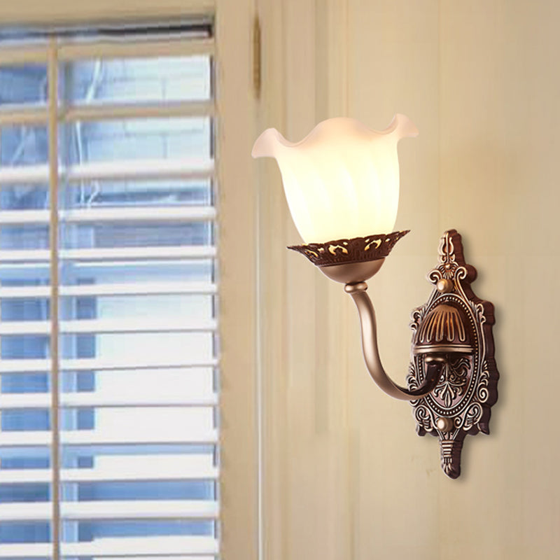 Rustic Style Blossom Wall Lamp 1/2-Head Opaline Glass Wall Mount Lighting in Brown for Living Room