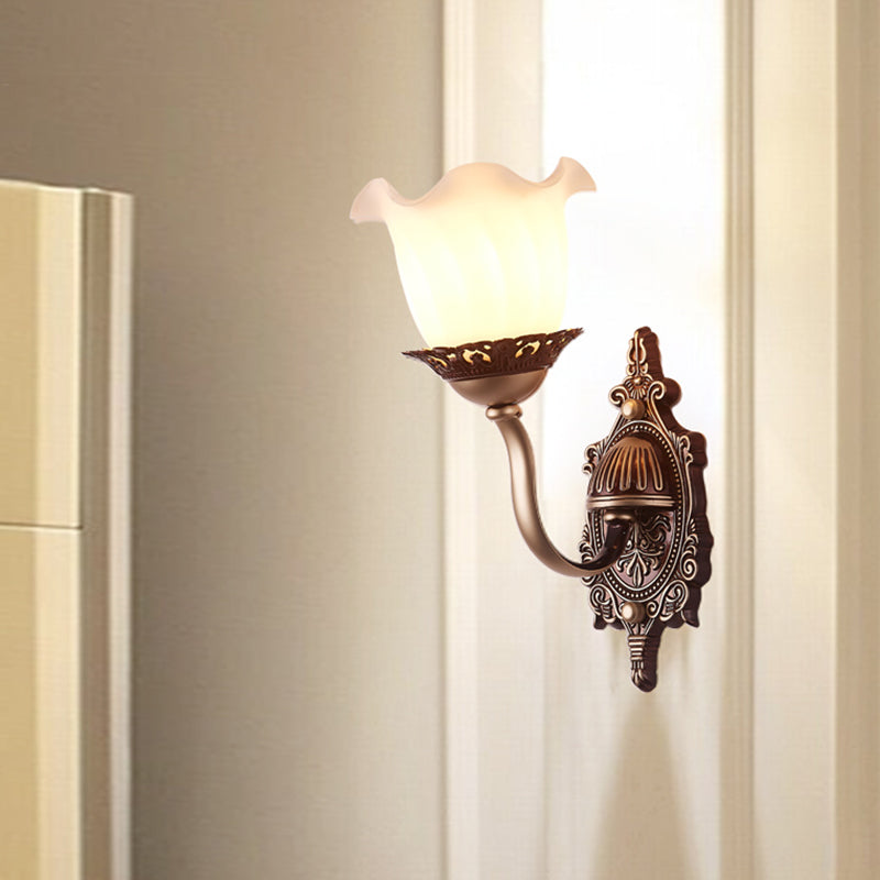 Rustic Style Blossom Wall Lamp 1/2-Head Opaline Glass Wall Mount Lighting in Brown for Living Room