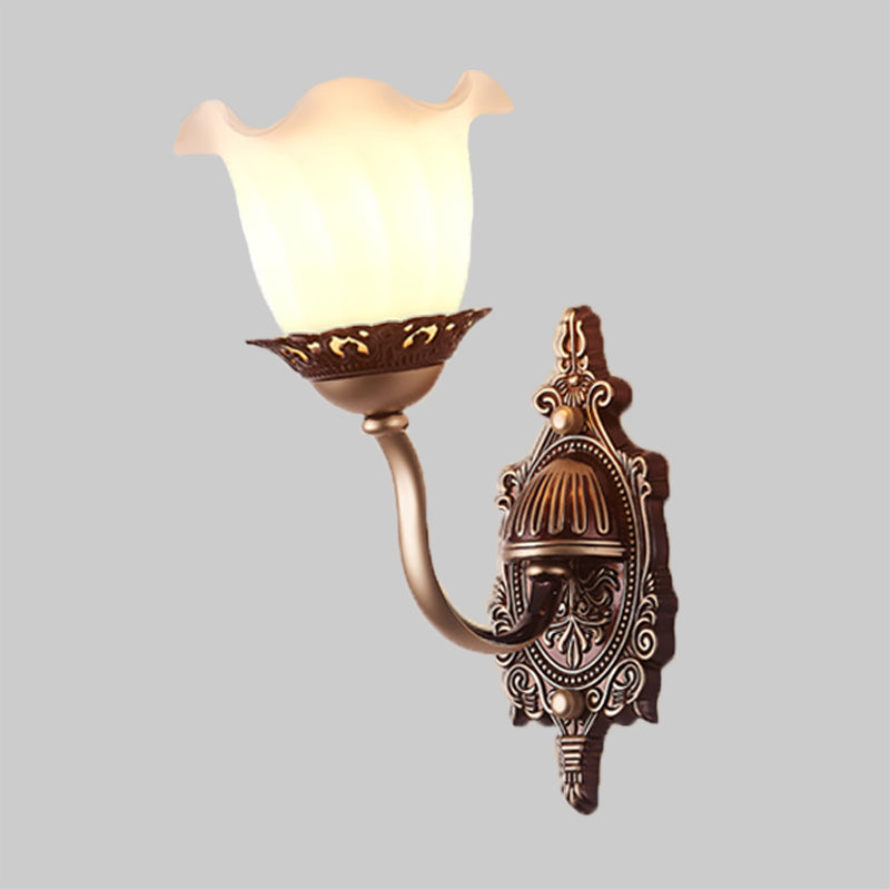 Rustic Style Blossom Wall Lamp 1/2-Head Opaline Glass Wall Mount Lighting in Brown for Living Room