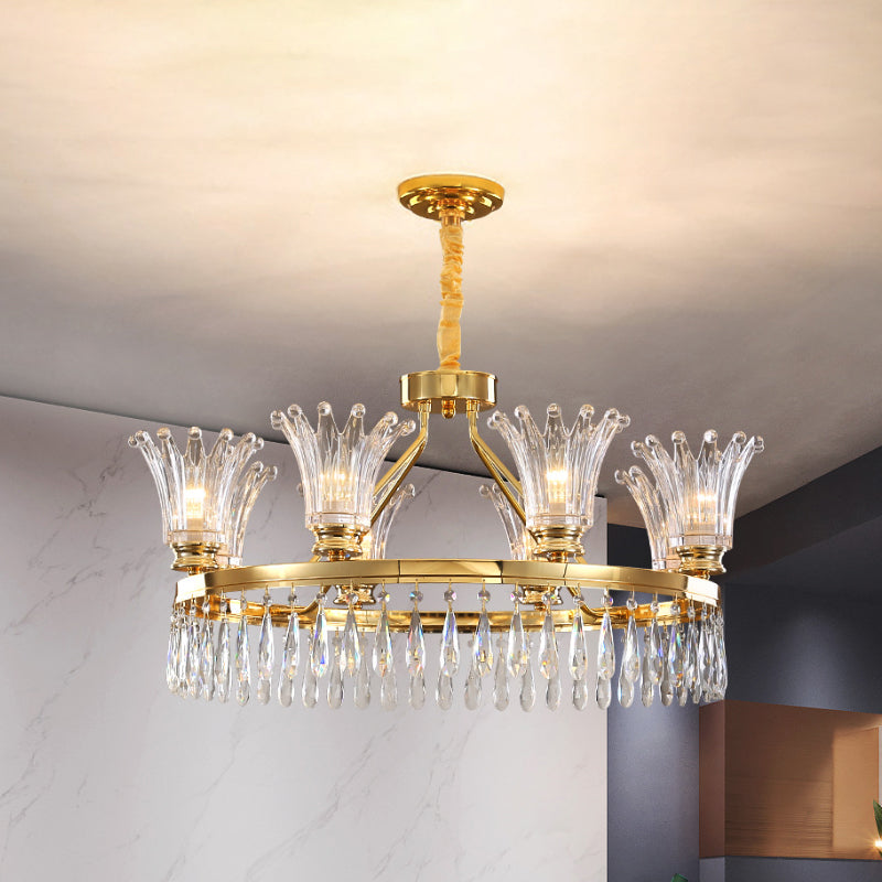5/8 bollen uit de wijd laaide kroonluchter lichtbarmsel klassiek goud helder kristal plafond hanger met druppelontwerp