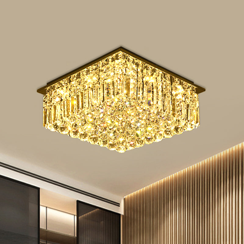 Stainless-Steel Square Ceiling Light Modern Clear Bevel Cut Glass LED Flush Mount Lighting for Bedroom