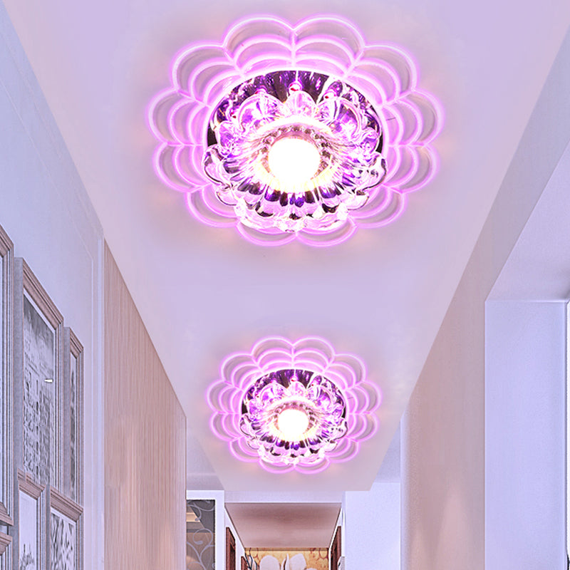 Contemporary Bloom LED Flush Mount Clear Crystal Glass Hallway Ceiling Mounted Fixture in Stainless-Steel, Warm/White/Multi Color Light