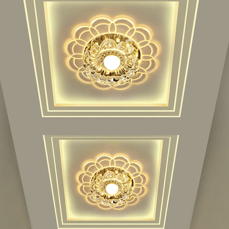 Clear Crystal Flower Ceiling Lighting Modern LED Flush Mount Fixture in Silver for Doorway, Warm/Multi Color Light