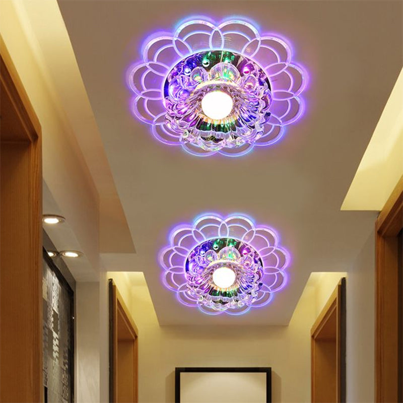 Clear Crystal Flower Ceiling Lighting Modern LED Flush Mount Fixture in Silver for Doorway, Warm/Multi Color Light