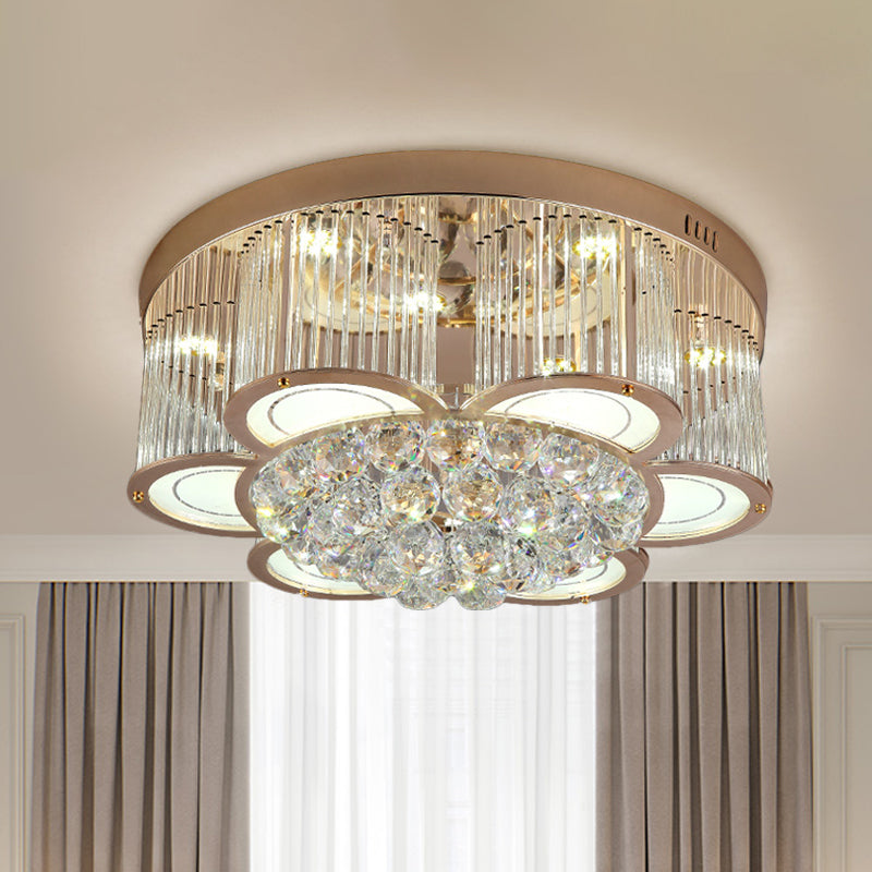 Gold Flower LED Ceiling Mounted Fixture Contemporary Fluted Clear Crystal Flush Light