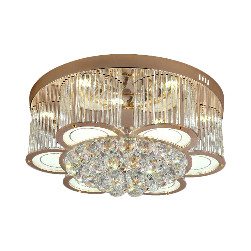 Gold Flower LED Ceiling Mounted Fixture Contemporary Fluted Clear Crystal Flush Light