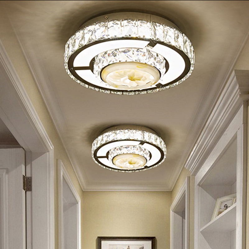 Modern Round/Square Flush Mount Light Faceted Crystal LED Nickel Ceiling Lighting with Floral Design