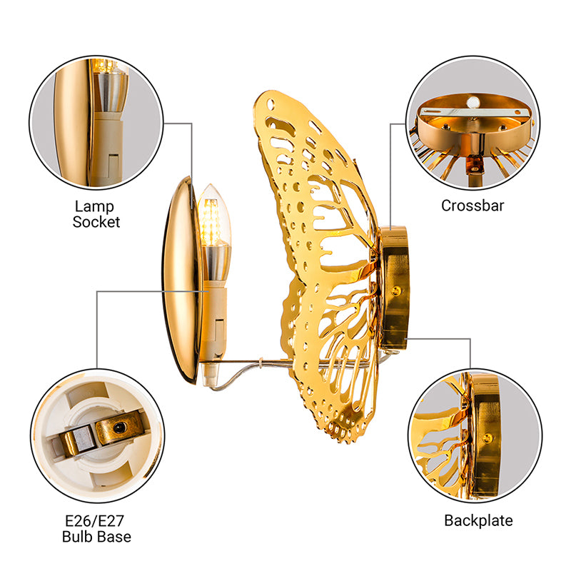 Gold Butterfly Wall Sconce Light Art Deco Metal Single Light Wall Lamp for Kids Room