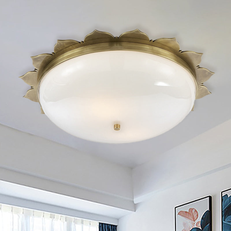 3 Heads Opal Glass Ceiling Light Colonialist Gold Bowl Shape Bedroom Flush Mount Recessed Lighting