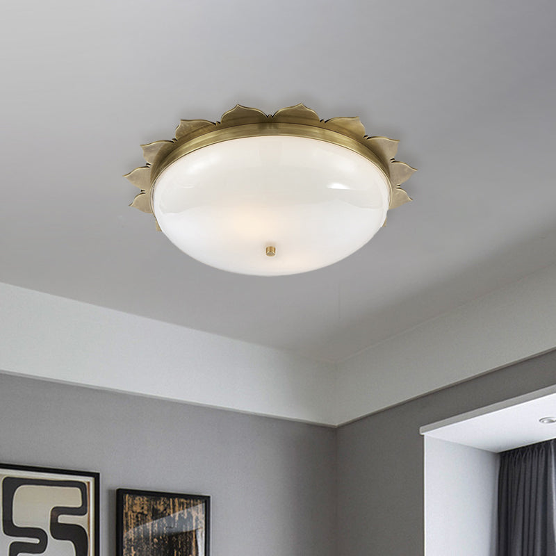 3 Heads Opal Glass Ceiling Light Colonialist Gold Bowl Shape Bedroom Flush Mount Recessed Lighting