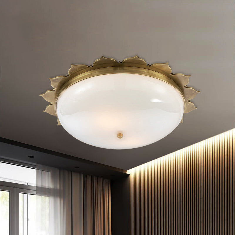 3 Heads Opal Glass Ceiling Light Colonialist Gold Bowl Shape Bedroom Flush Mount Recessed Lighting