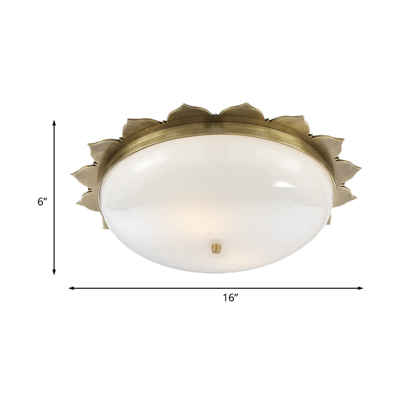 3 Heads Opal Glass Ceiling Light Colonialist Gold Bowl Shape Bedroom Flush Mount Recessed Lighting