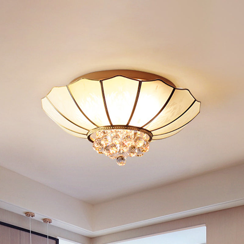 Milky Glass Scalloped Flush Light Colonialist 4/6 Lights Bedroom Flush Mount with Clear Crystal Ball