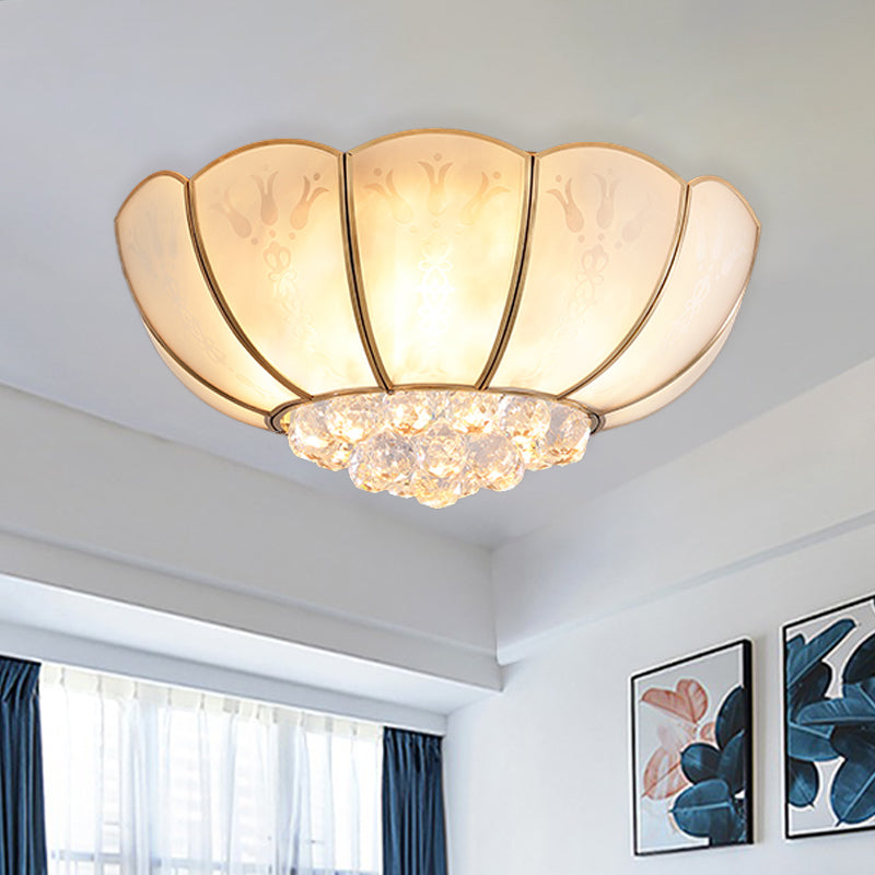 Ivory Glass Scallop Ceiling Fixture Colonialism 4/6 Bulbs Bedroom Flush Mount Lighting in Gold with Crystal Ball