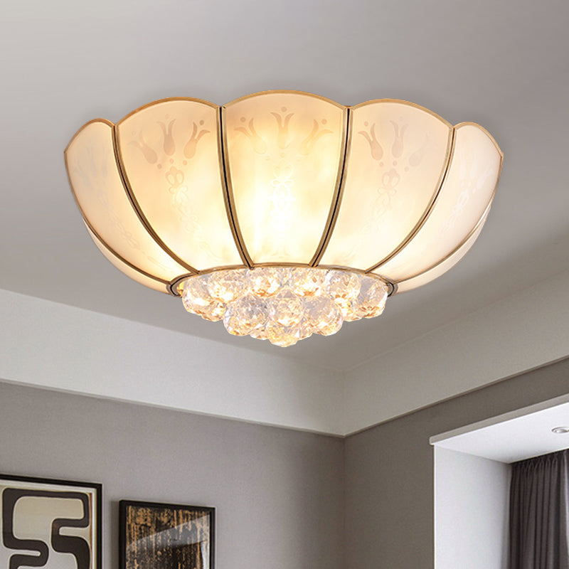 Ivory Glass Scallop Ceiling Fixture Colonialism 4/6 Bulbs Bedroom Flush Mount Lighting in Gold with Crystal Ball