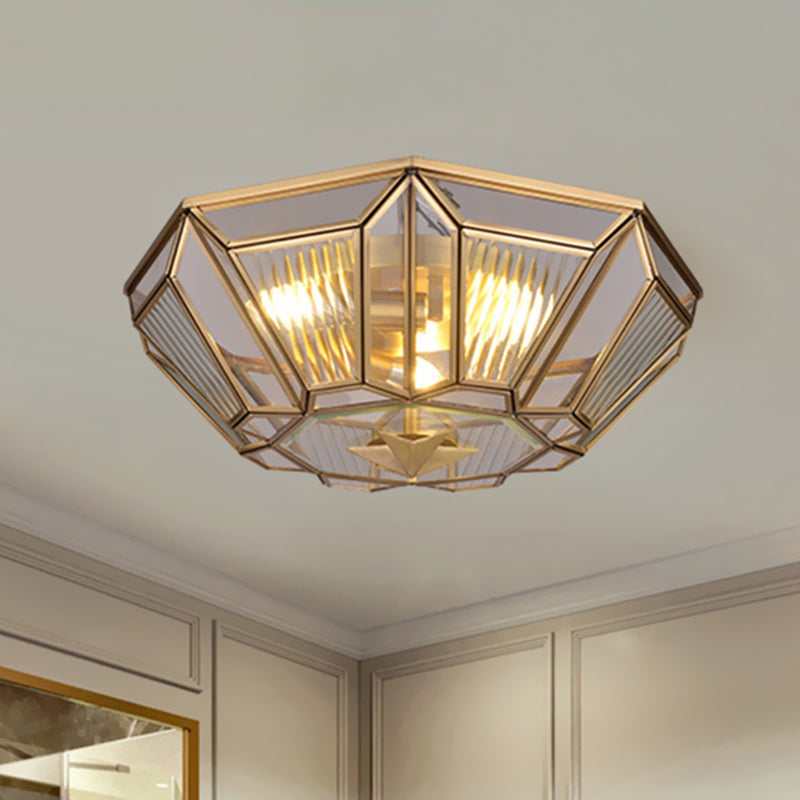 3 Lights Ceiling Flush Mount Colonial Bedroom Flush Light with Geometric Clear Glass Shade in Gold
