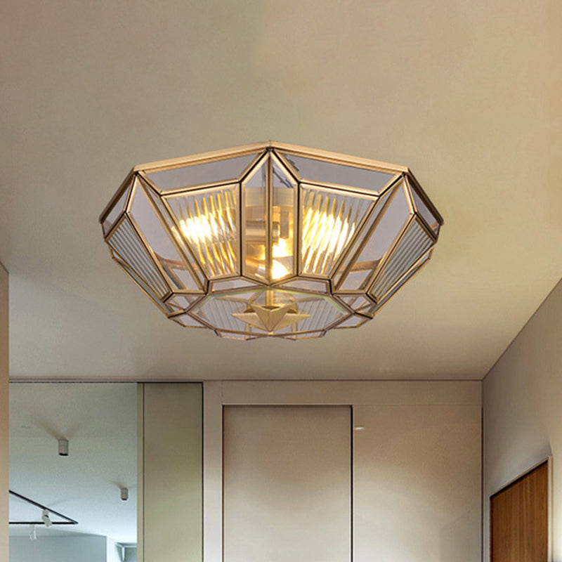3 Lights Ceiling Flush Mount Colonial Bedroom Flush Light with Geometric Clear Glass Shade in Gold