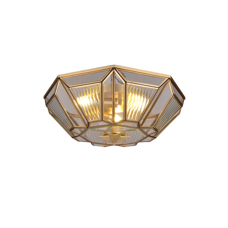 3 Lights Ceiling Flush Mount Colonial Bedroom Flush Light with Geometric Clear Glass Shade in Gold
