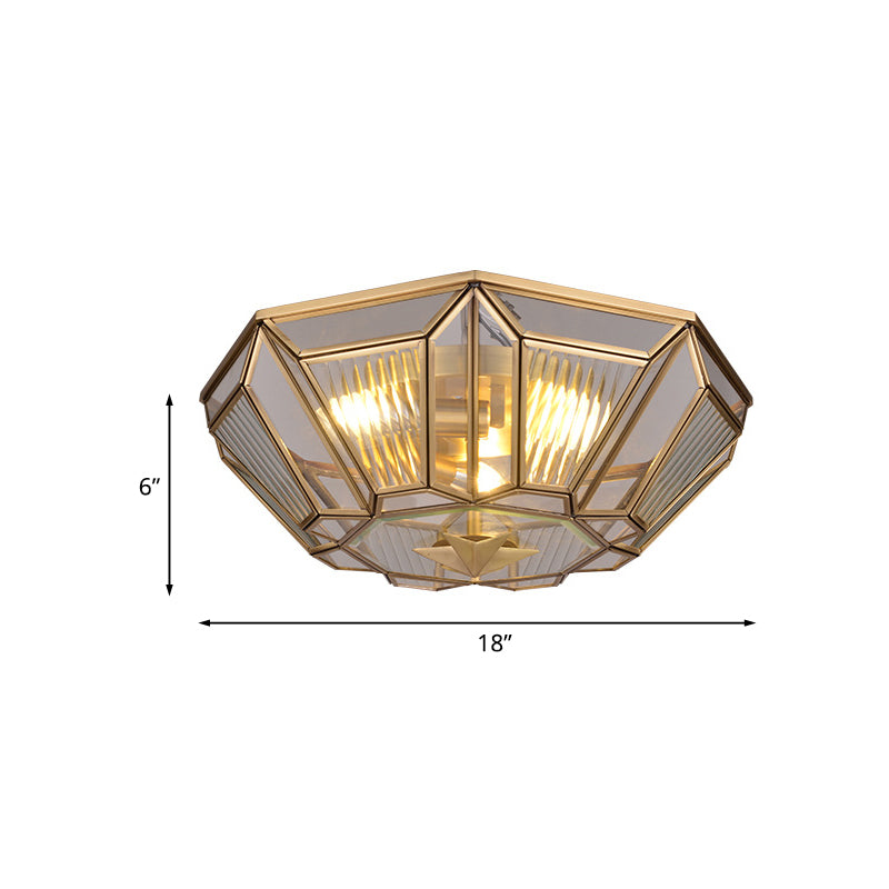 3 Lights Ceiling Flush Mount Colonial Bedroom Flush Light with Geometric Clear Glass Shade in Gold