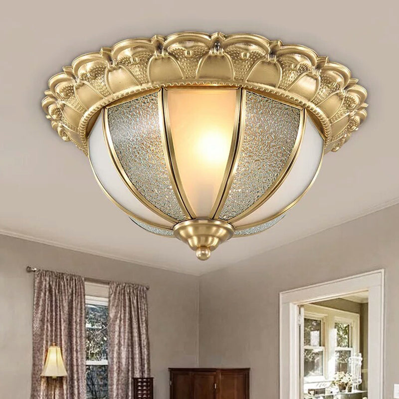 2-Bulb Domed Flush Ceiling Light Colonialism Gold White and Textured Glass Flush Mount Lamp