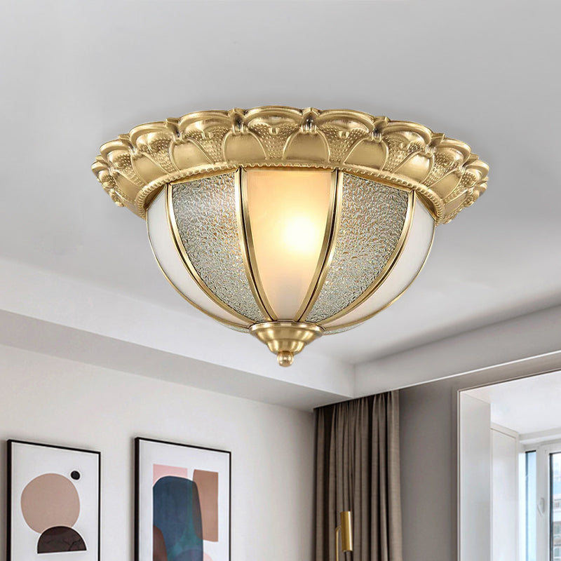 2-Bulb Domed Flush Ceiling Light Colonialism Gold White and Textured Glass Flush Mount Lamp