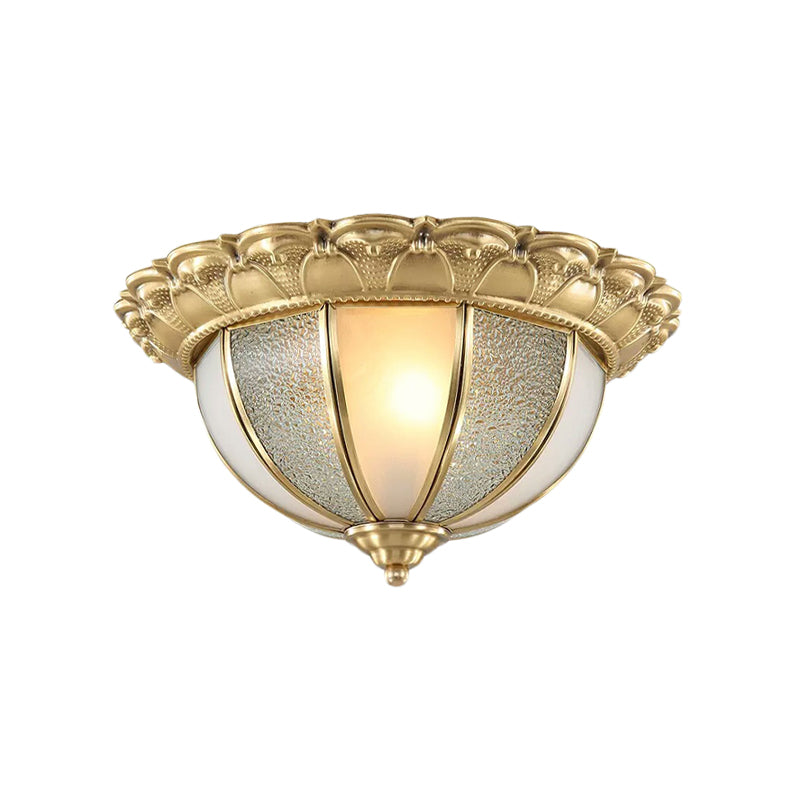 2-Bulb Domed Flush Ceiling Light Colonialism Gold White and Textured Glass Flush Mount Lamp