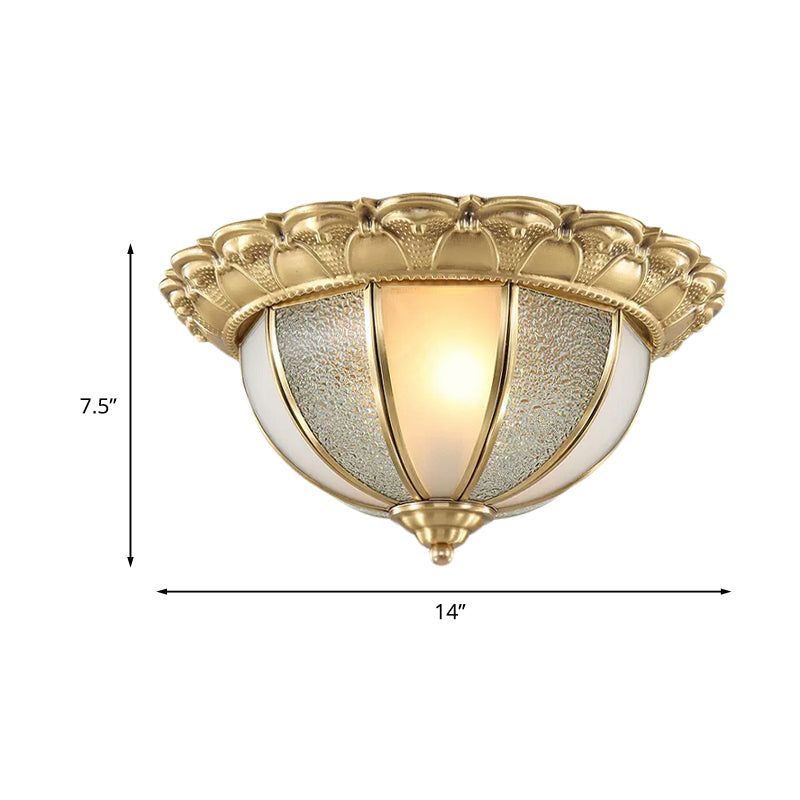 2-Bulb Domed Flush Ceiling Light Colonialism Gold White and Textured Glass Flush Mount Lamp