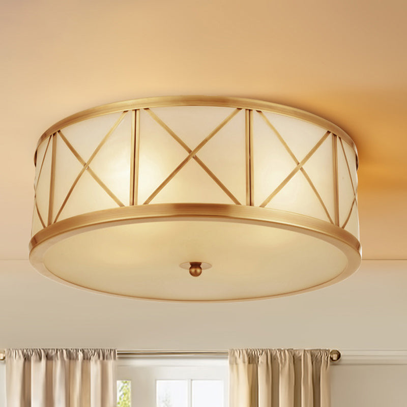 3/4 Heads Cream Glass Ceiling Lamp Colonial Gold Round Bedroom Flush Light with Trellis Cage