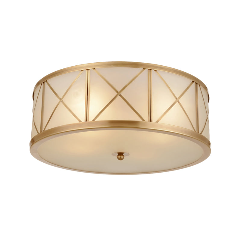 3/4 Heads Cream Glass Ceiling Lamp Colonial Gold Round Bedroom Flush Light with Trellis Cage