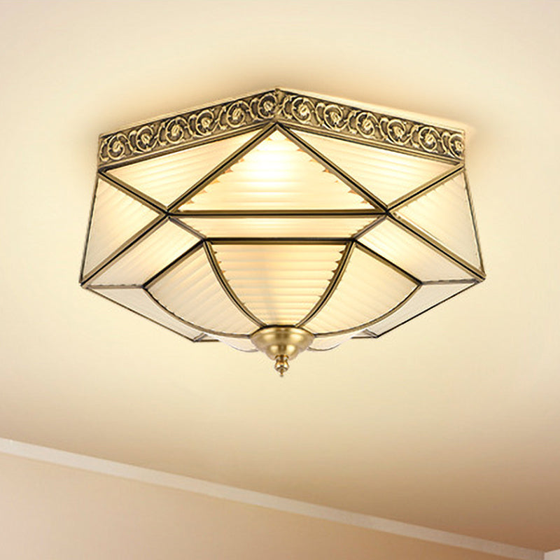 4 Lights Ceiling Mounted Fixture Colonial Prismatic Frosted Ribbed Glass Flushmount in Gold