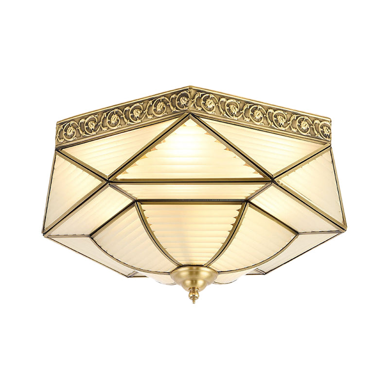 4 Lights Ceiling Mounted Fixture Colonial Prismatic Frosted Ribbed Glass Flushmount in Gold